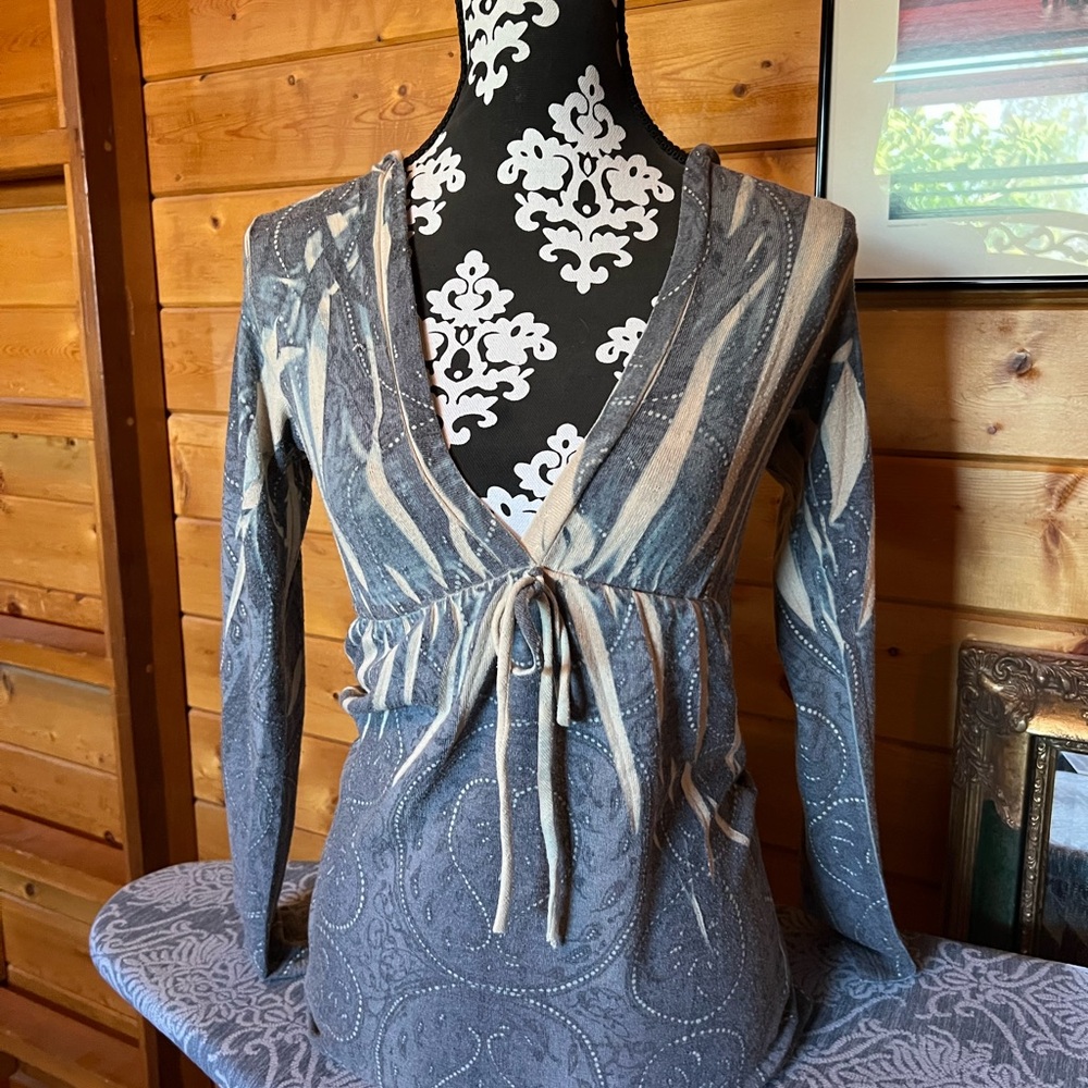 Blue and Cream Knit sweater with deep V and hood. Size small